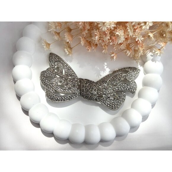 Silver Toned Marcasite Accented XL Ribboned Bow Vintage Brooch Pin - Picture 9 of 10